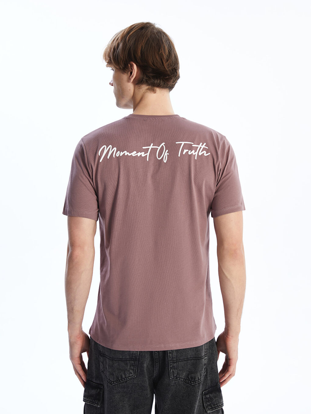 Ерлерге арналған трикотаж дөңгелек жағалы қысқа жең принтті мақта футболка-4