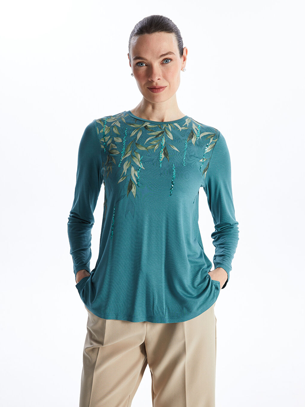 Crew Neck Patterned Long Sleeve Women's Blouse -S47359Z8-H8K