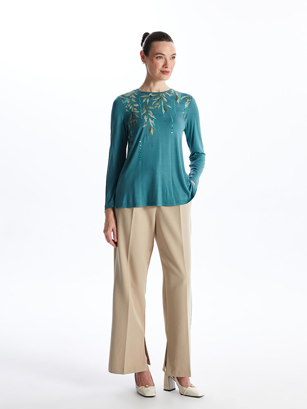 Crew Neck Patterned Long Sleeve Women's Blouse -S47359Z8-H8K
