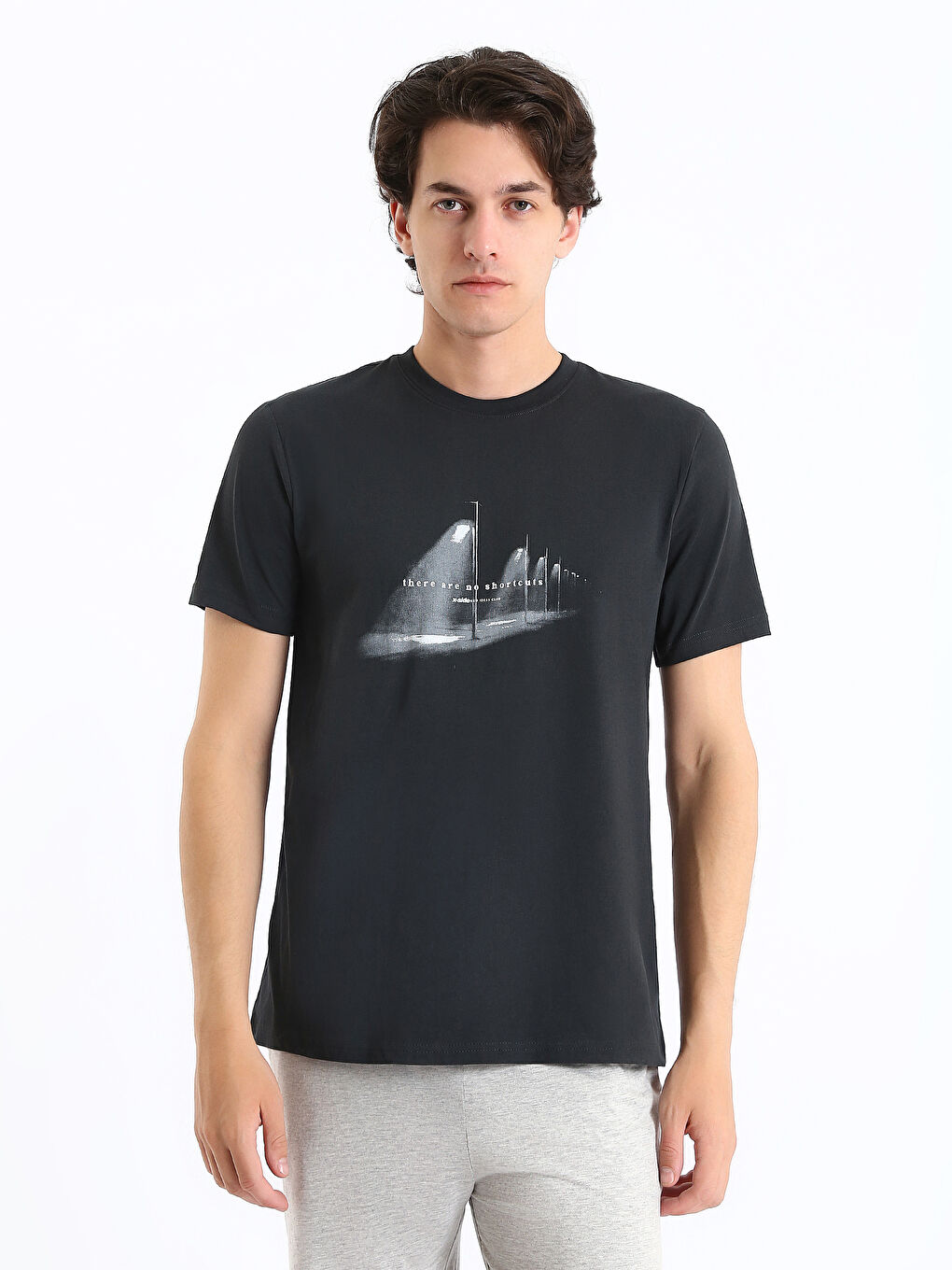 Antrasit Bisiklet Yaka Kısa Kollu Baskılı Penye Erkek Tişört-1
