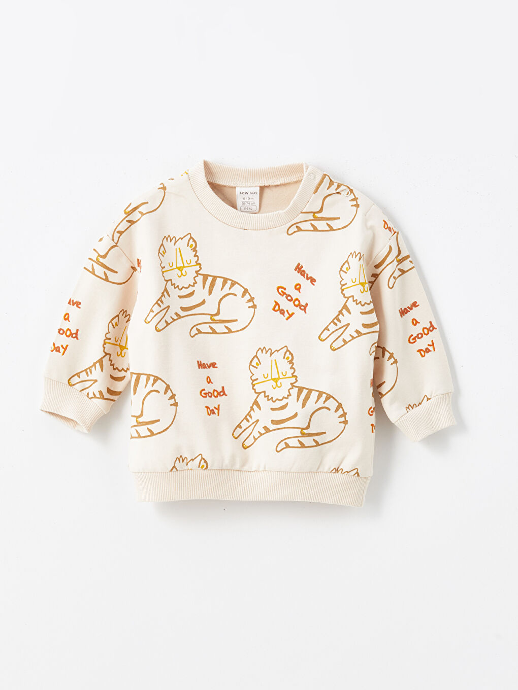 Ekru Sevimli Kedi Baskılı Erkek Bebek Sweatshirt