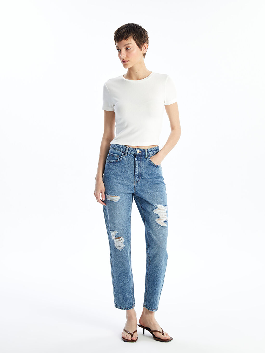LC Waikiki Mom Fit Farmerke sa Pocepanim Detaljima za Žene -S47483Z8-507