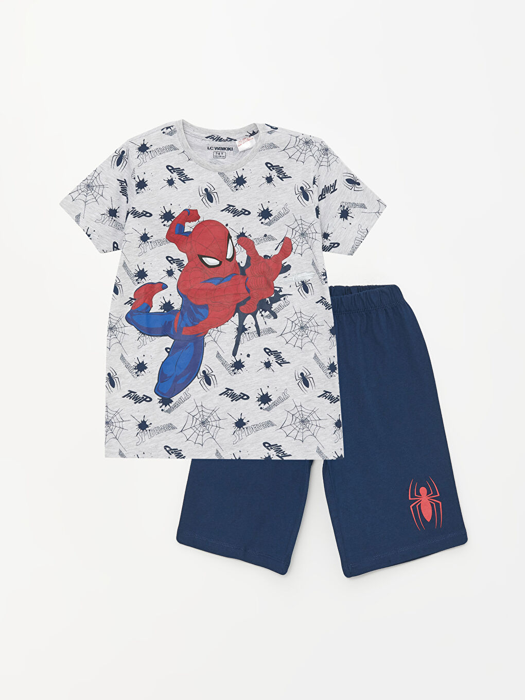 LCW Kids Gri Melanj Baskılı Bisiklet Yaka Spiderman Baskılı Kısa Kollu Erkek Çocuk Şortlu Pijama Takımı