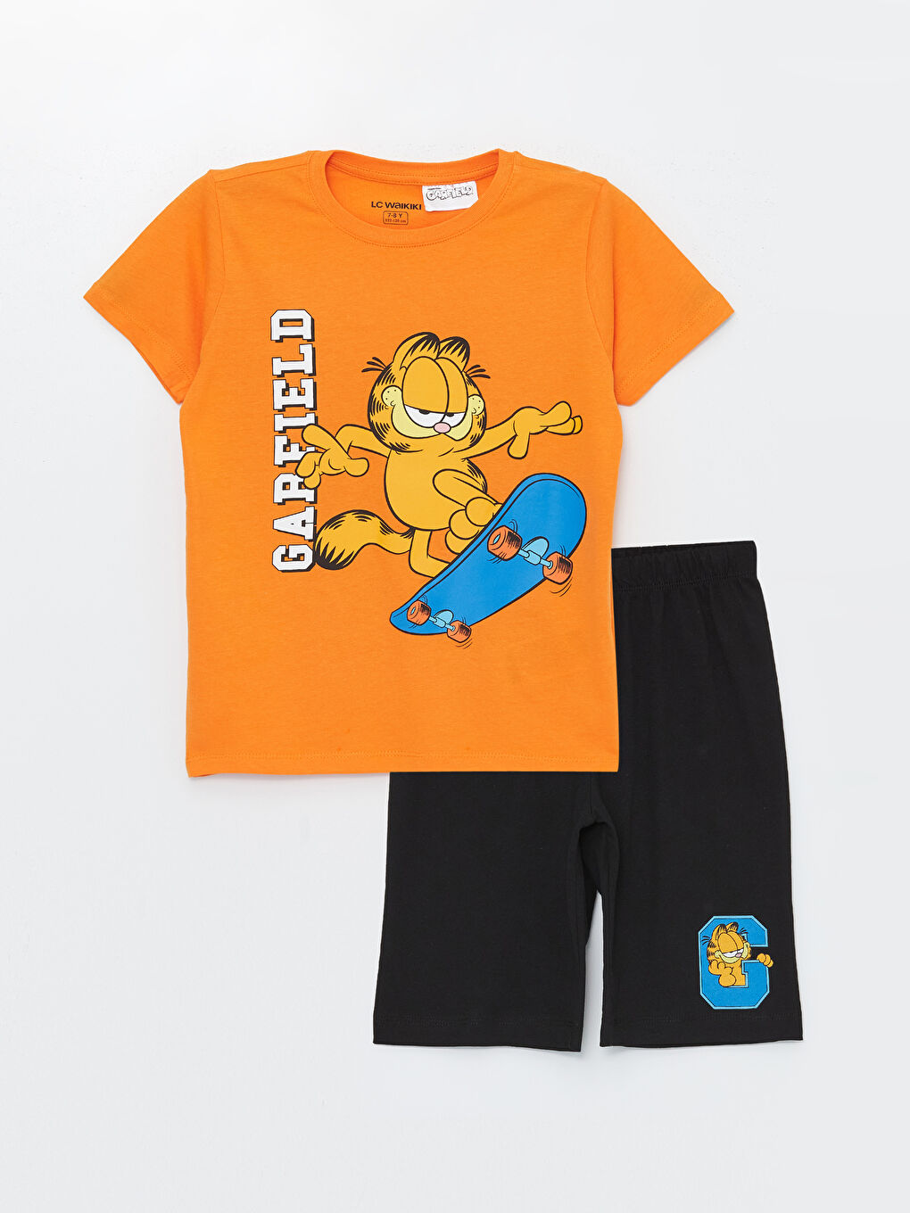 LCW Kids Canlı Turuncu Bisiklet Yaka Garfield Baskılı Kısa Kollu Erkek Çocuk Şortlu Pijama Takımı