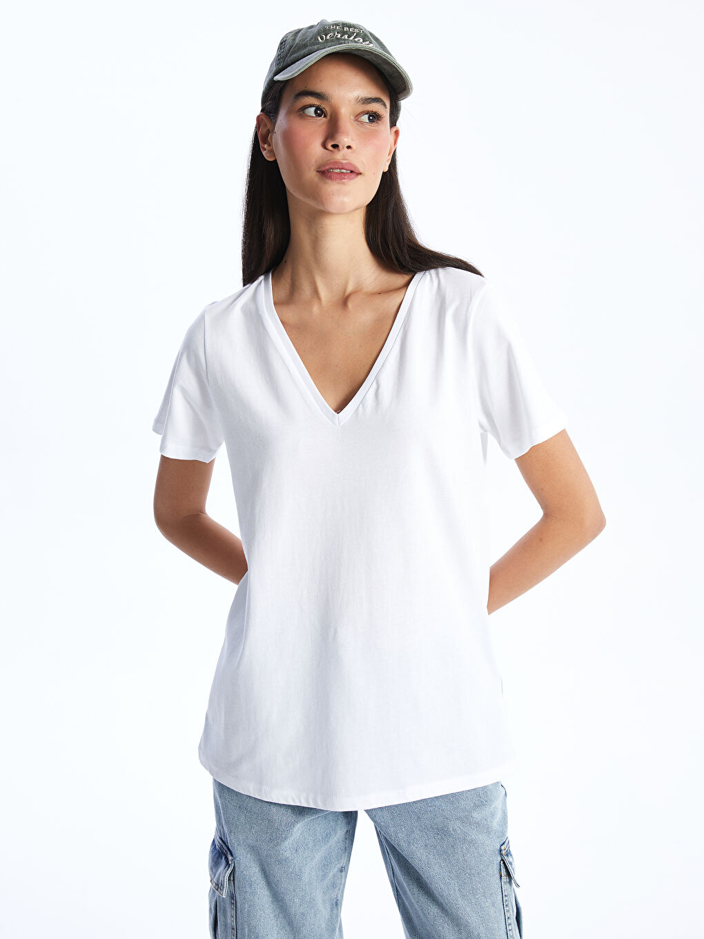 V Neck Straight Short Sleeve Women T-Shirt -S47629Z8-KE8