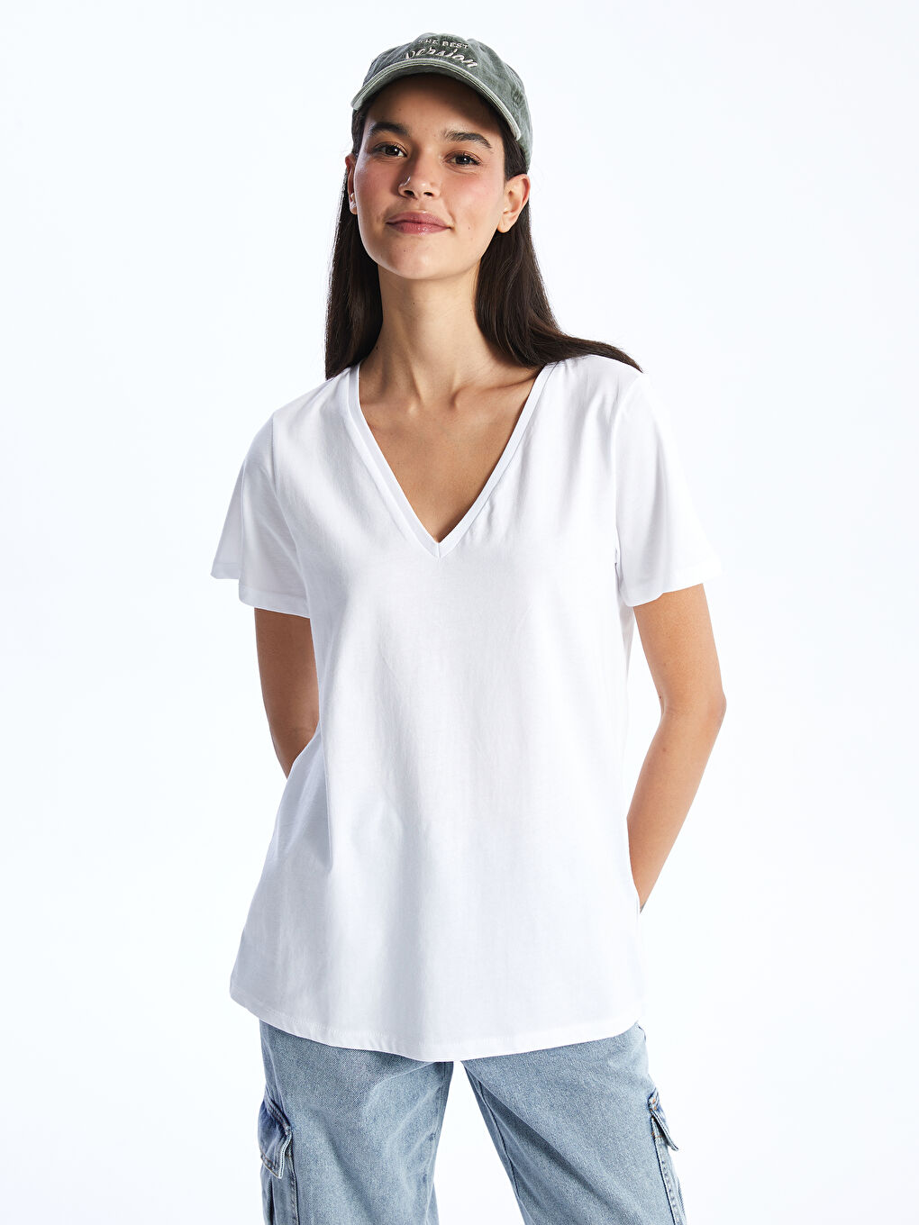 V Neck Straight Short Sleeve Women T-Shirt -S47629Z8-KE8