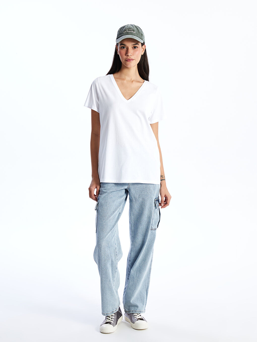 V Neck Straight Short Sleeve Women T-Shirt -S47629Z8-KE8