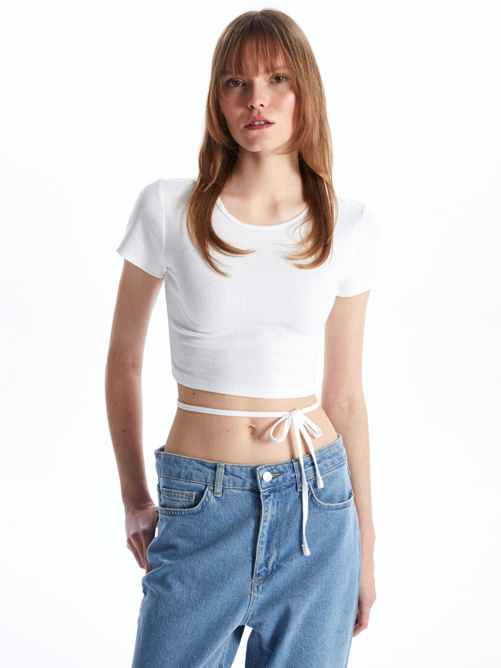 Crew Neck Plain Short Sleeve Women's Crop -S47685Z8-Q6K