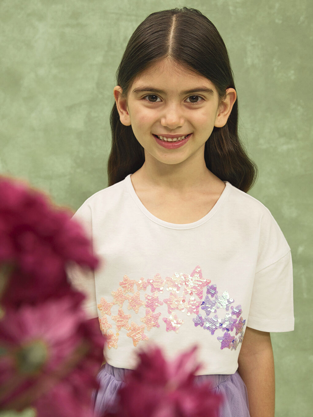 Crew Neck Sequins Embroidered Short Sleeve Girls T-Shirt -S47757Z4-Q6K