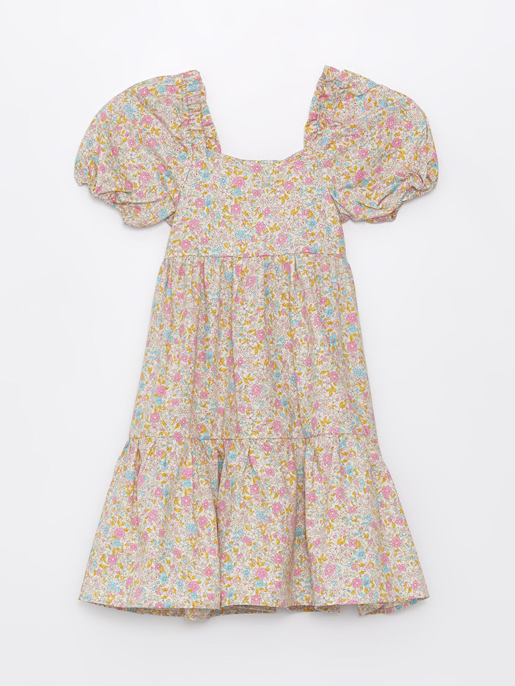 LCW Kids Square Collar Floral Short Sleeve Girls' Dress -S47807Z4-F9C