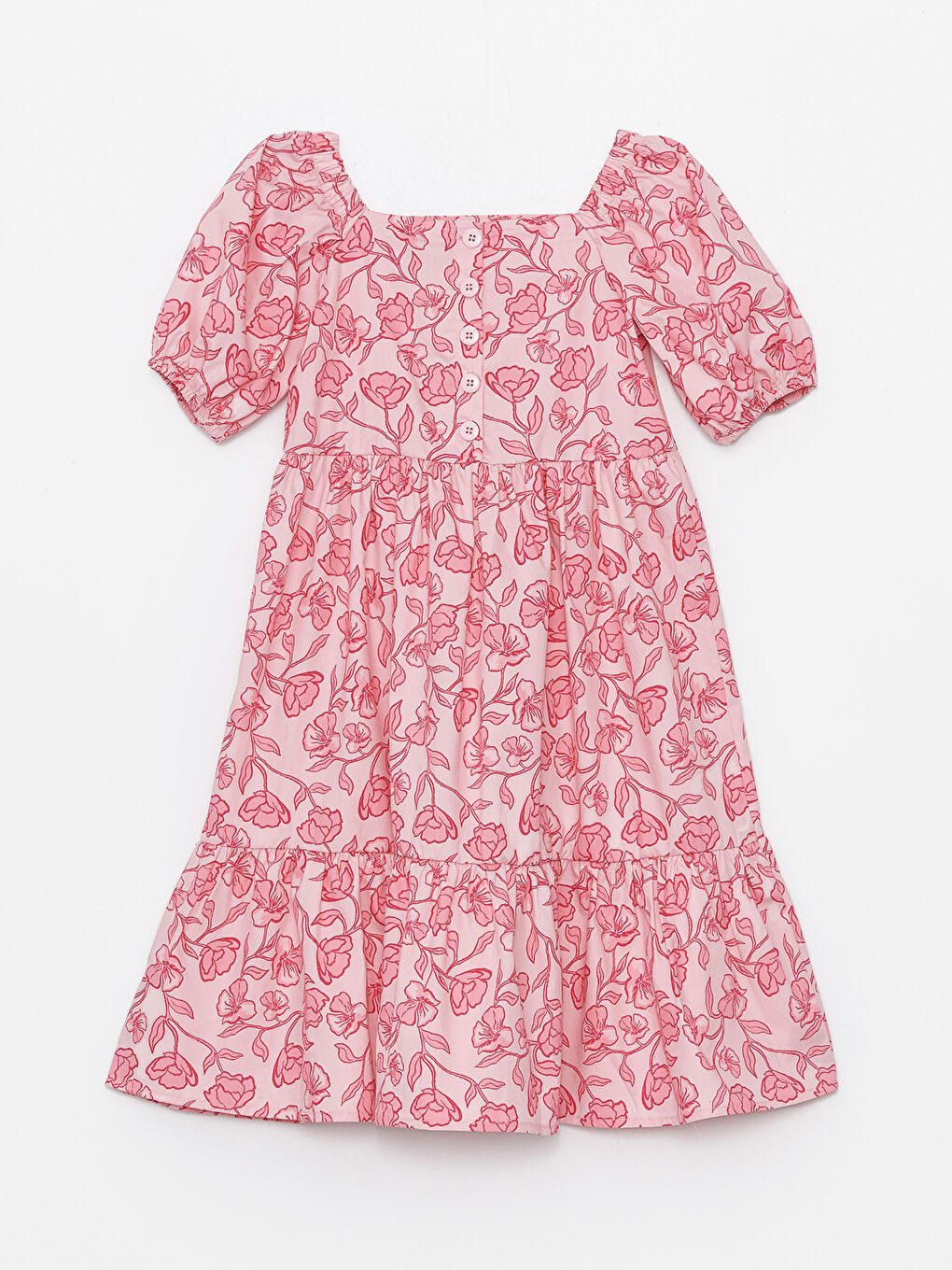 فستان للبنات بياقة مربعة مُزهر كم قصير-1