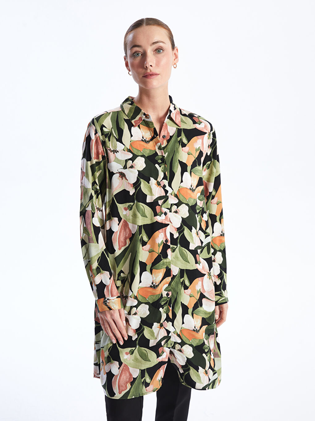 قميص تونيك منقوش كم طويل للسيدات