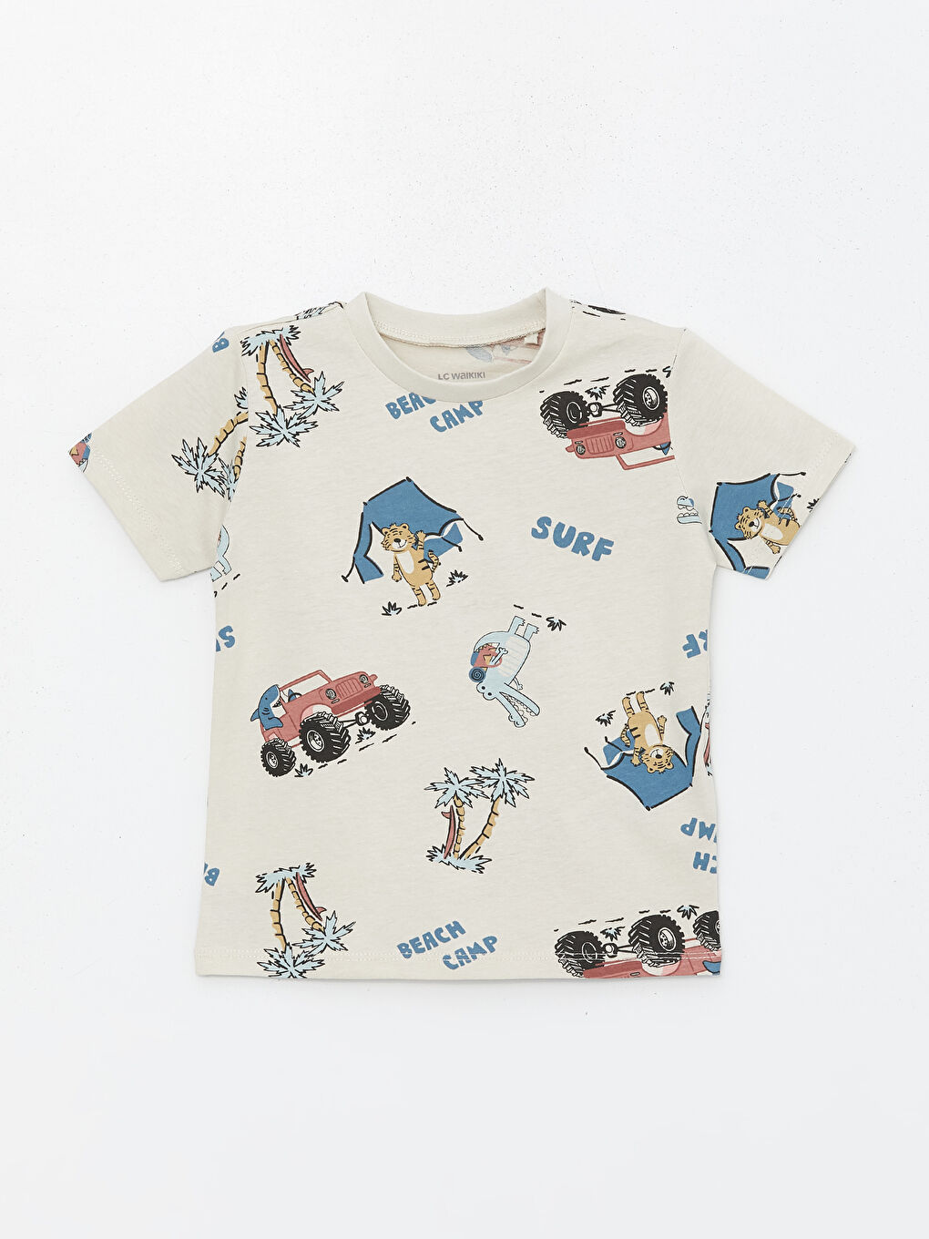 Bej Bisiklet Yaka Kısa Kollu Baskılı Erkek Bebek Tişört