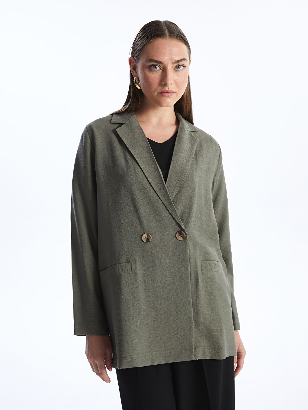 Haki Düz Uzun Kollu Kadın Ceket-1