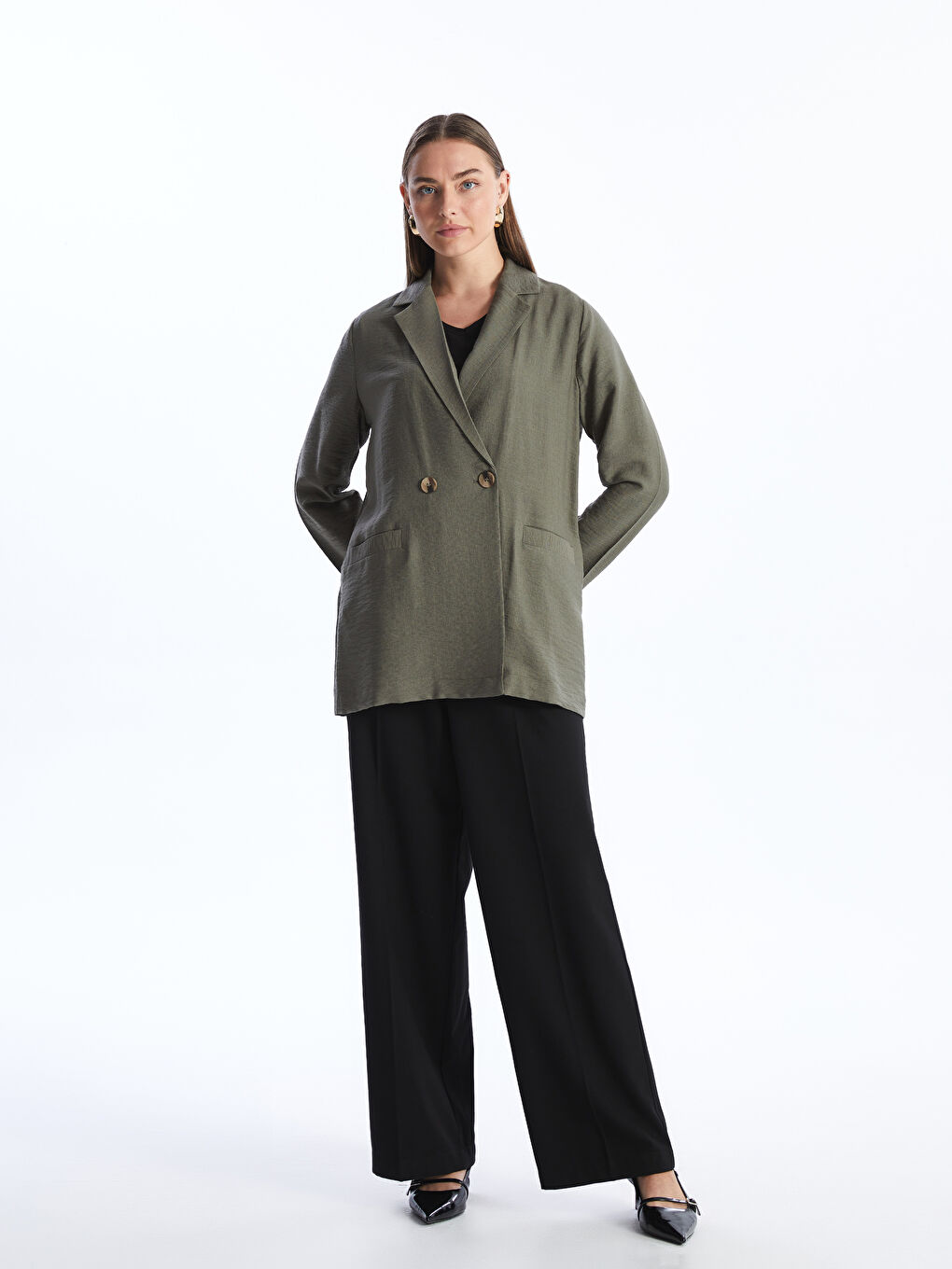 Haki Düz Uzun Kollu Kadın Ceket-2