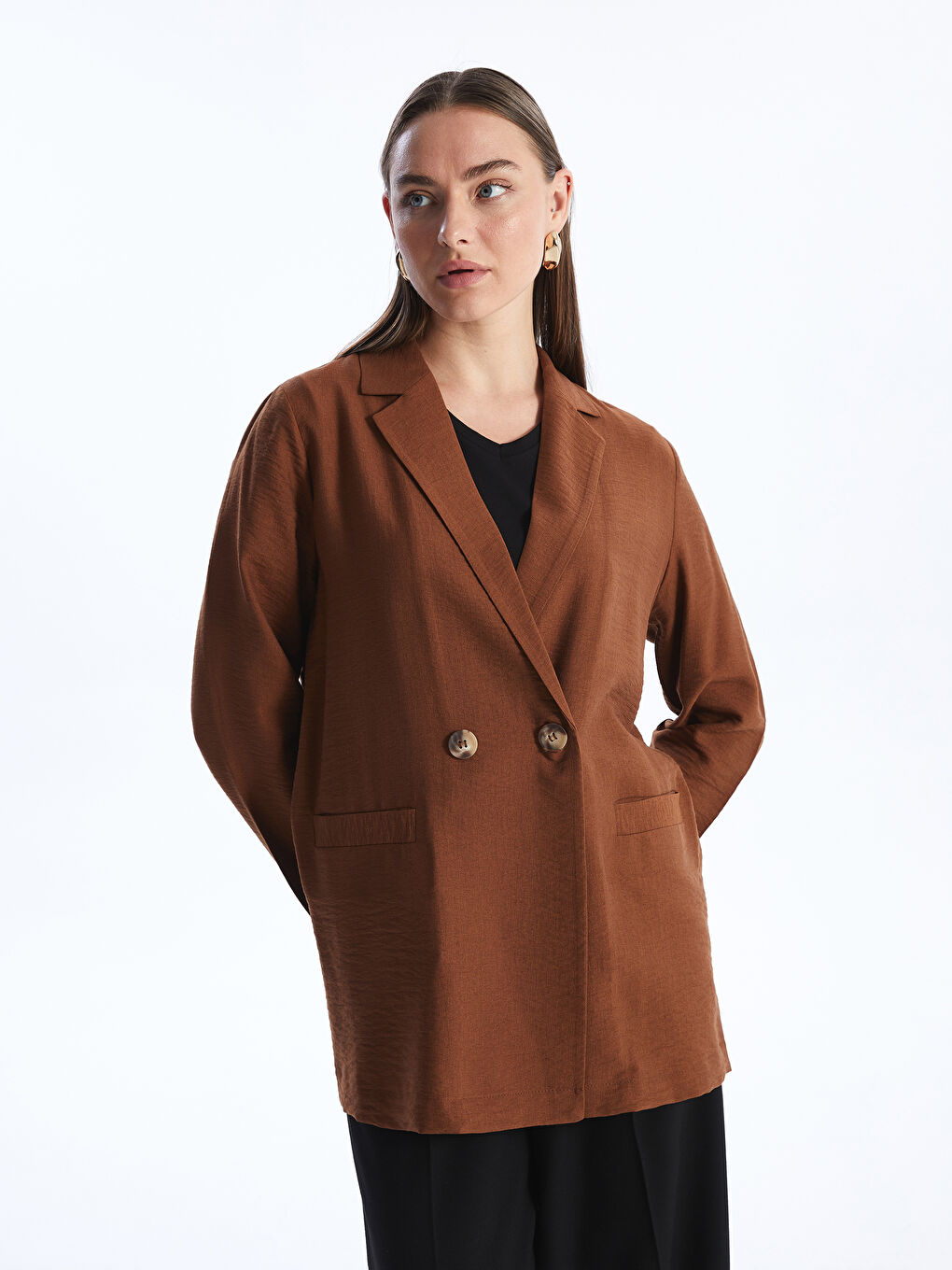 Kahverengi Düz Uzun Kollu Kadın Ceket-1