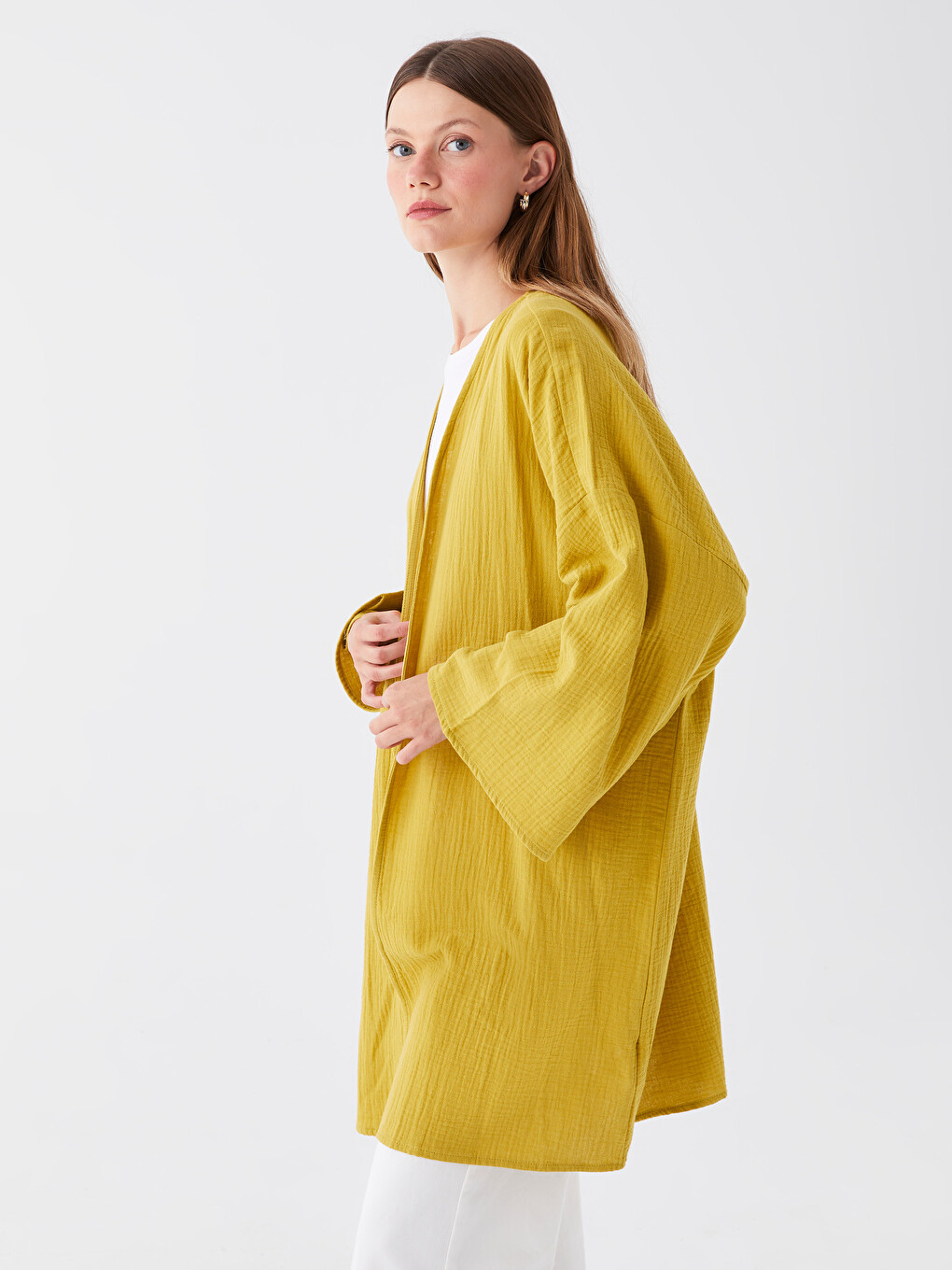 Bej Şal Yaka Oversize Müslin Kadın Kimono