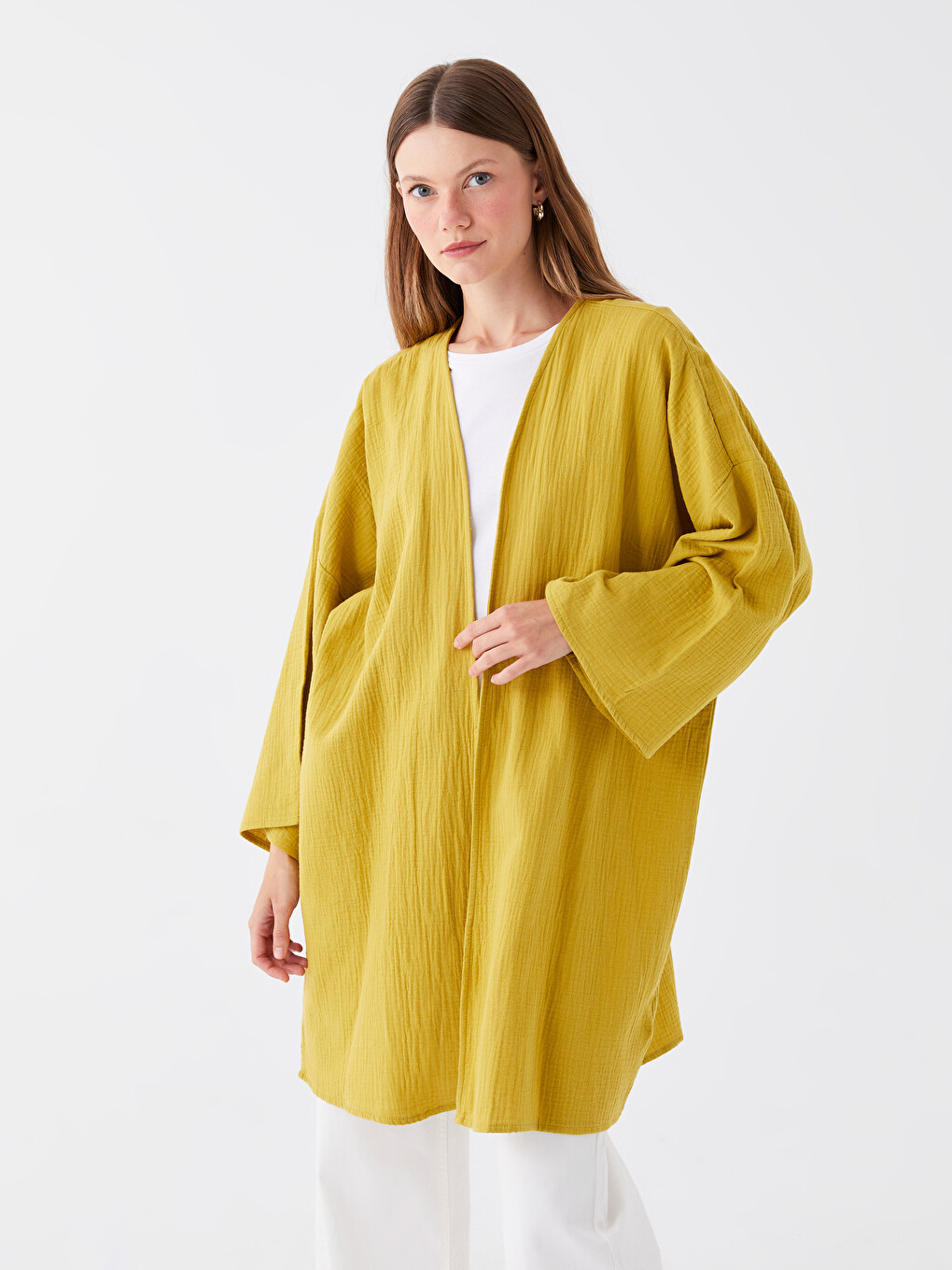 Bej Şal Yaka Oversize Müslin Kadın Kimono-1