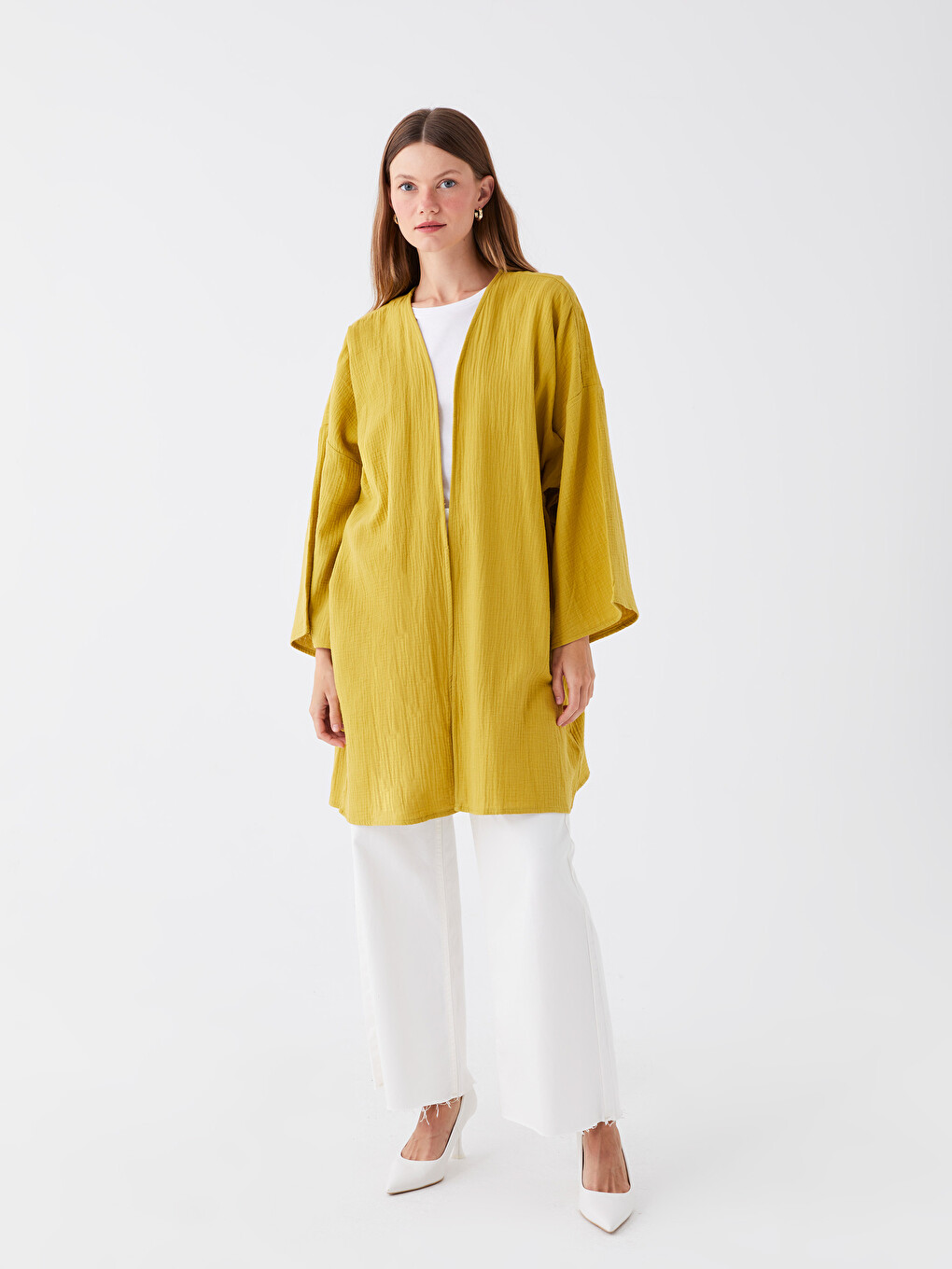 Bej Şal Yaka Oversize Müslin Kadın Kimono-2