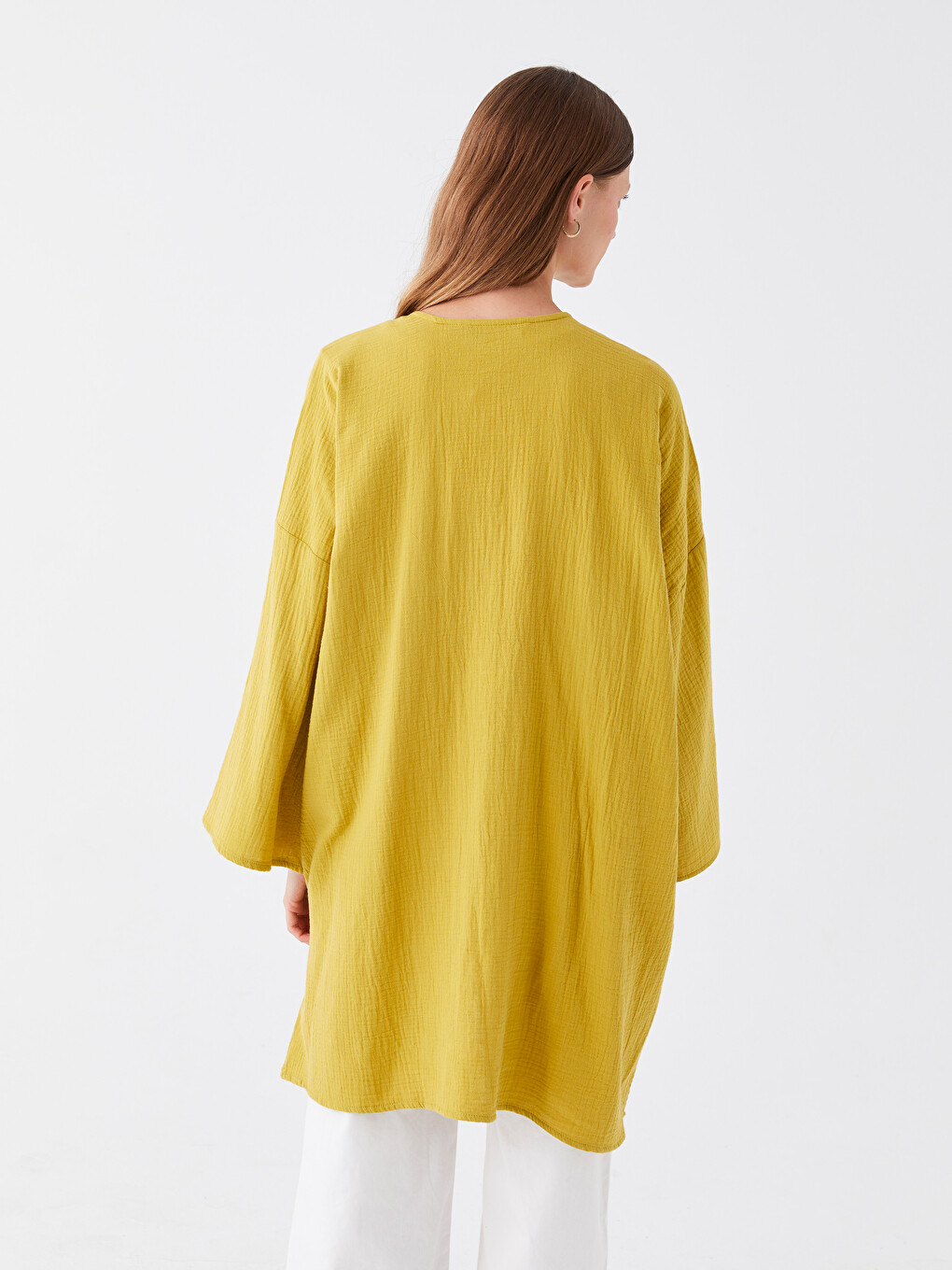Bej Şal Yaka Oversize Müslin Kadın Kimono-4