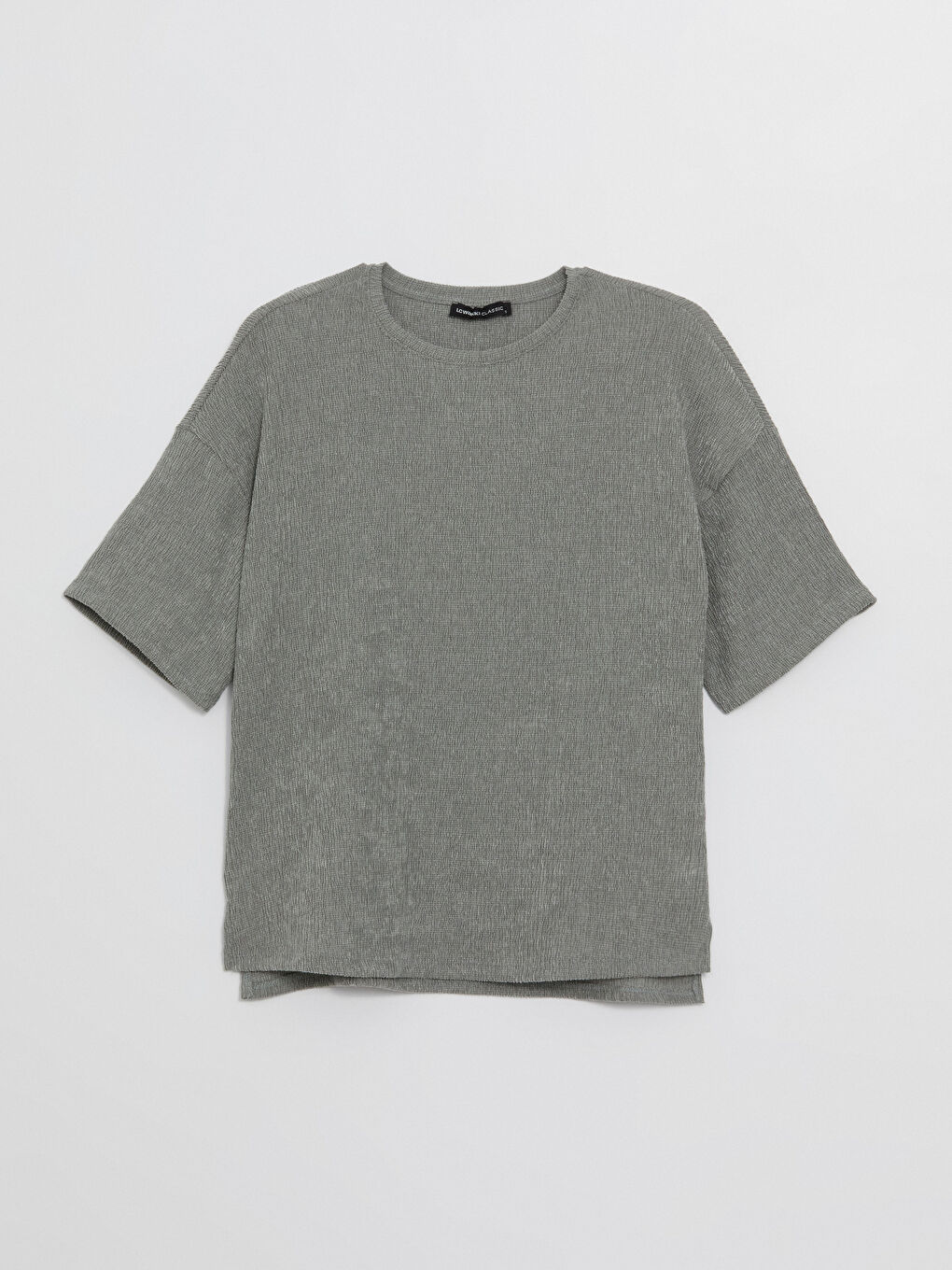 Gri Bisiklet Yaka Düz Kısa Kollu Oversize Kadın Tişört-5