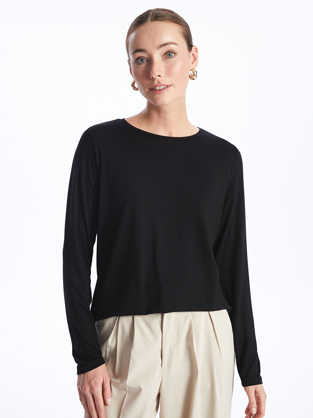 Crew Neck Plain Long Sleeve Women's T-Shirt -S48201Z8-CVL