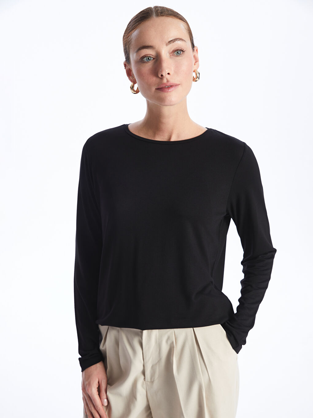 Crew Neck Plain Long Sleeve Women's T-Shirt -S48201Z8-CVL