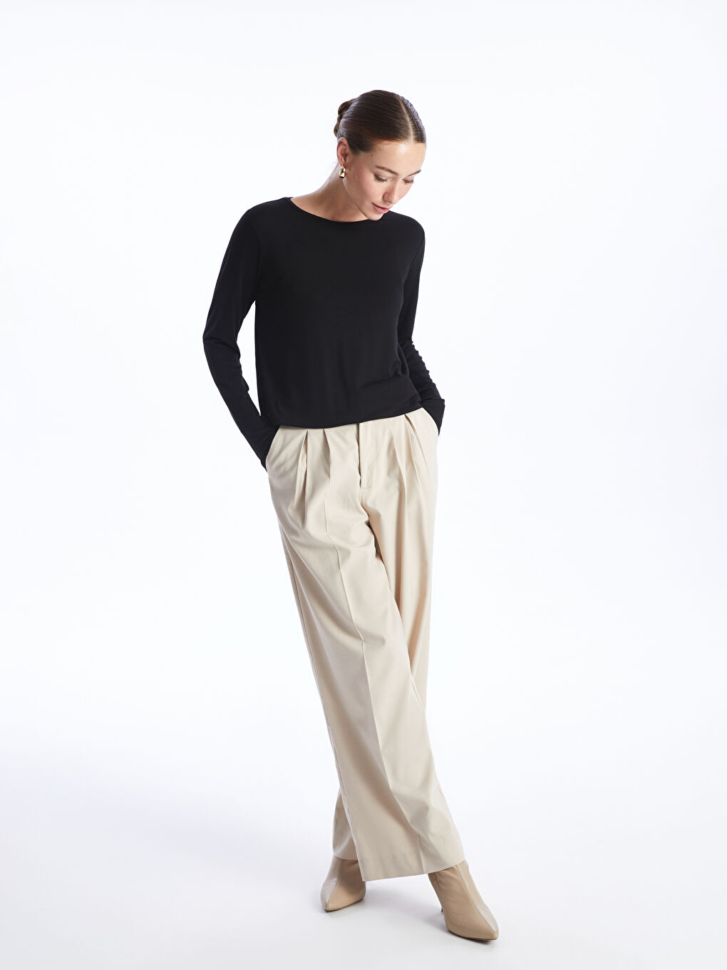 Crew Neck Plain Long Sleeve Women's T-Shirt -S48201Z8-CVL