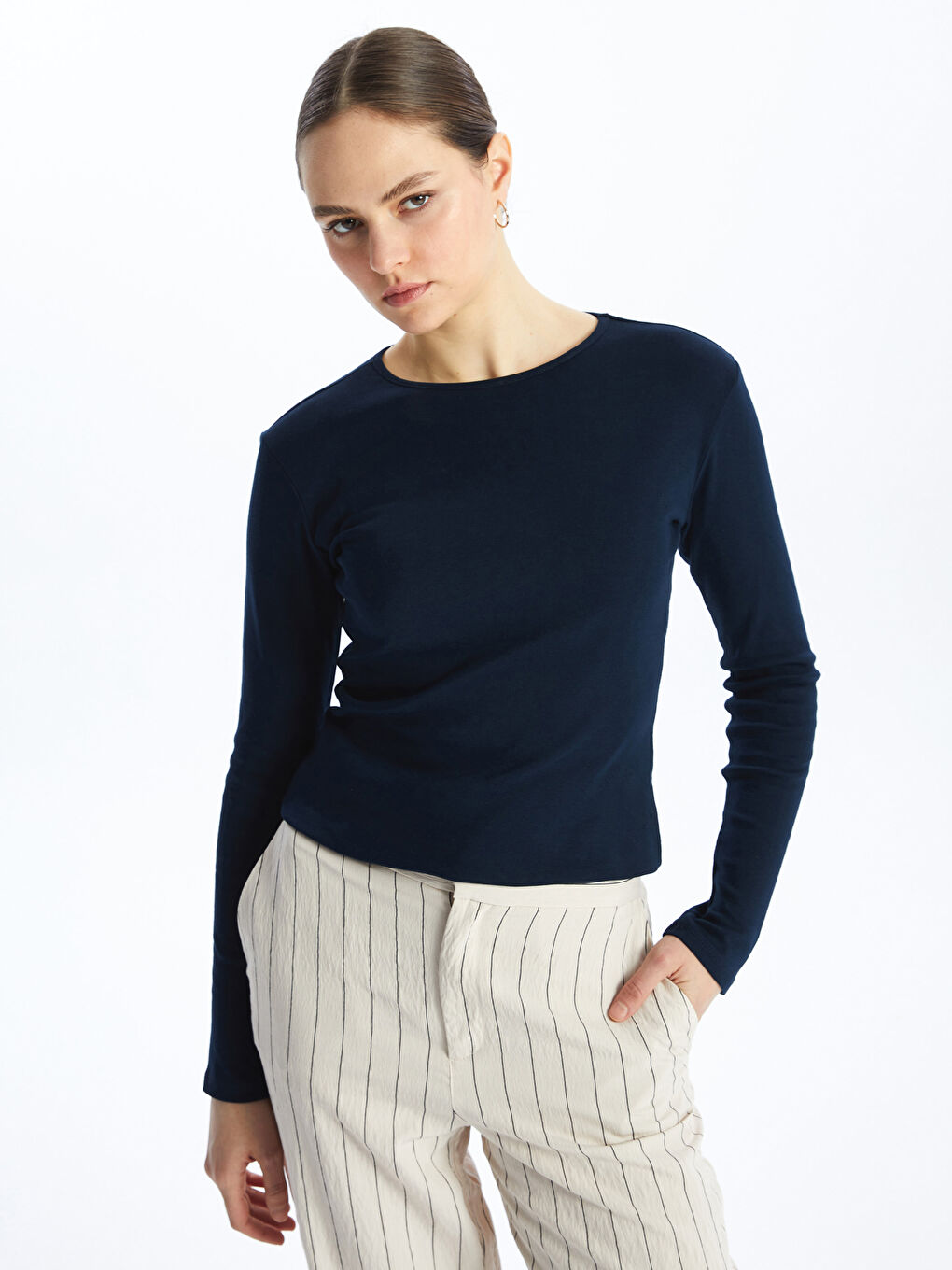 Crew Neck Plain Long Sleeve Women's T-Shirt -S48203Z8-RFF