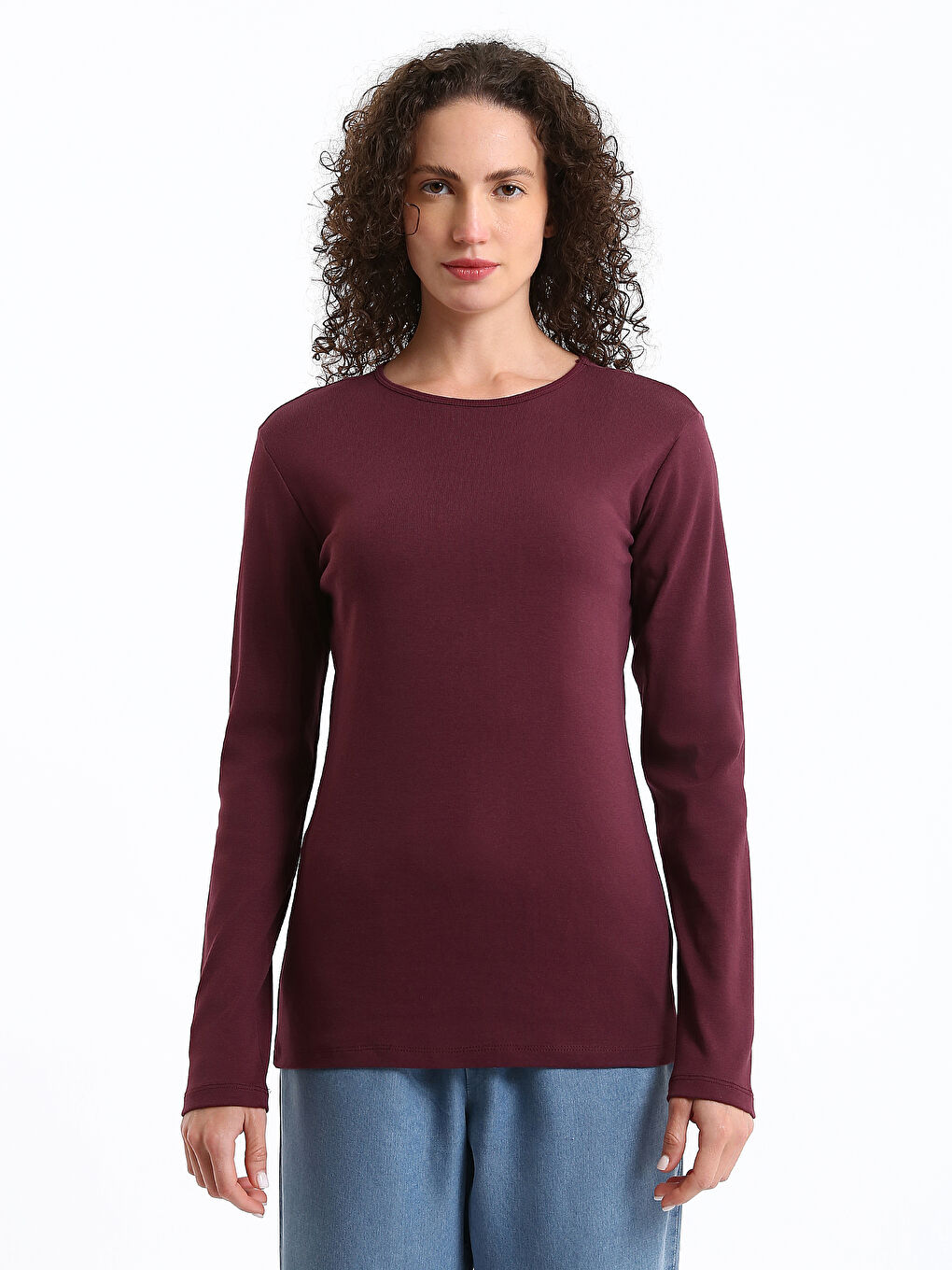 Crew Neck Plain Long Sleeve Women's T-Shirt-1