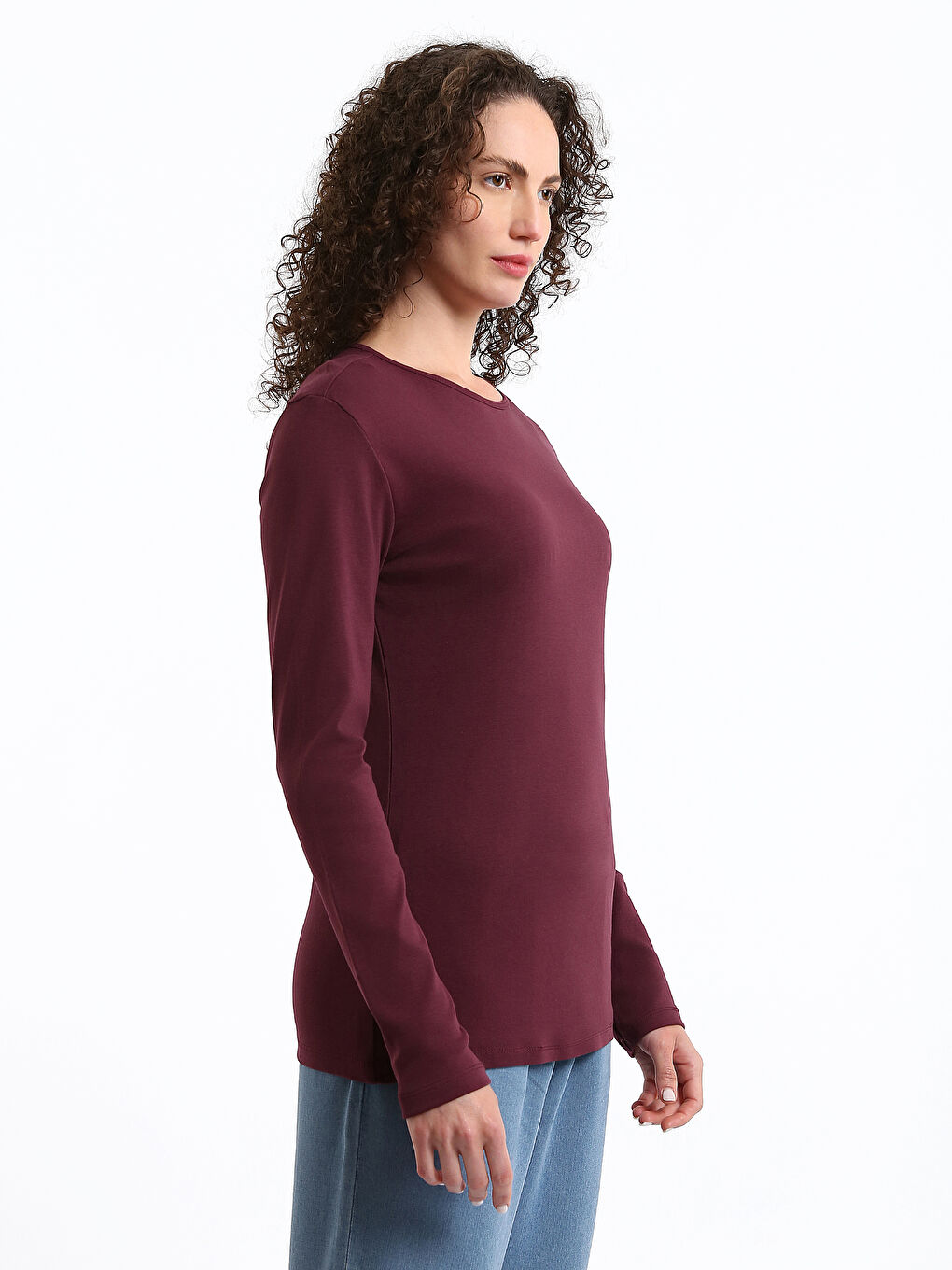 Crew Neck Plain Long Sleeve Women's T-Shirt-7