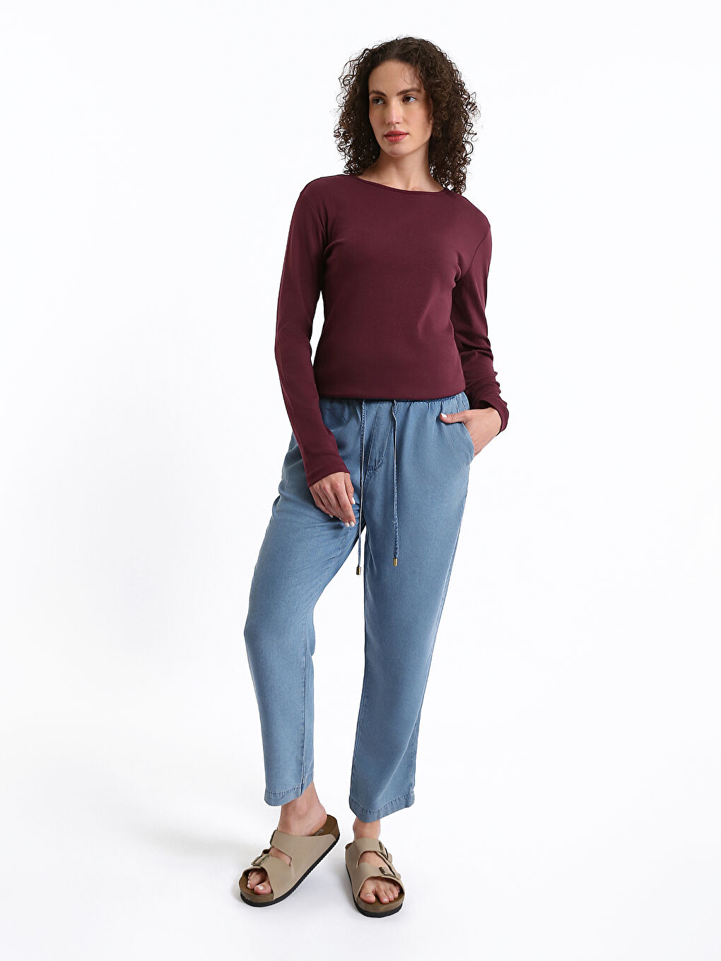 Crew Neck Plain Long Sleeve Women's T-Shirt-3