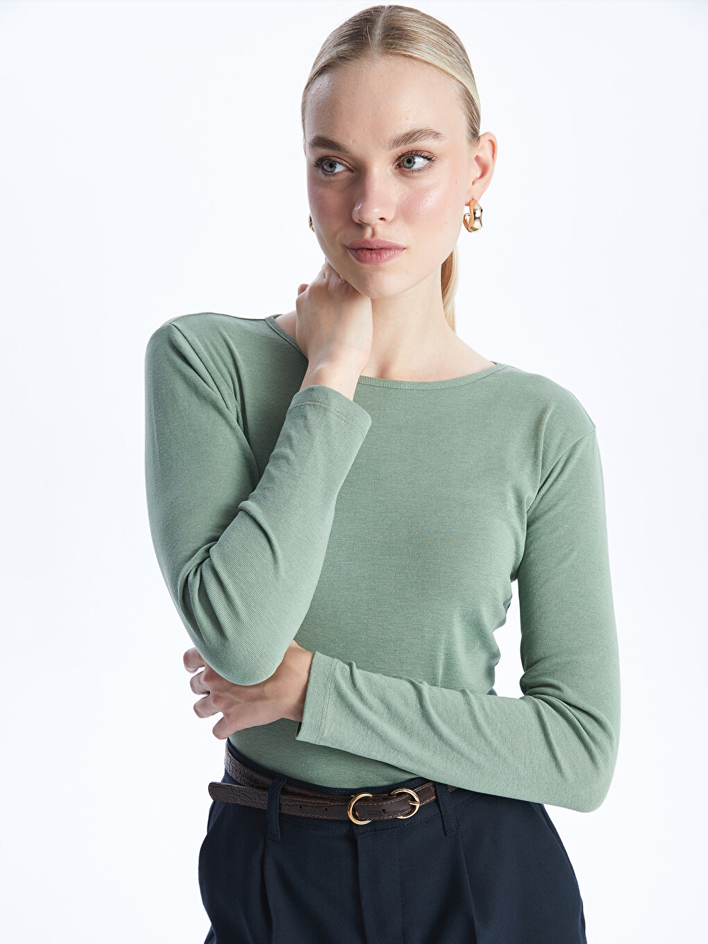 Crew Neck Regular Long Sleeve Women's T-shirt -S48204Z8-LAC