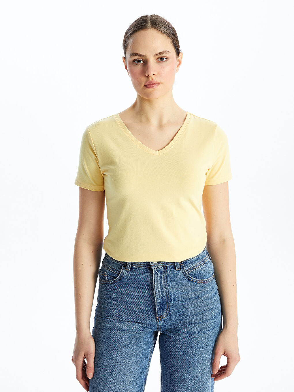 V Neck Straight Short Sleeve Women T-Shirt -S48208Z8-FQM