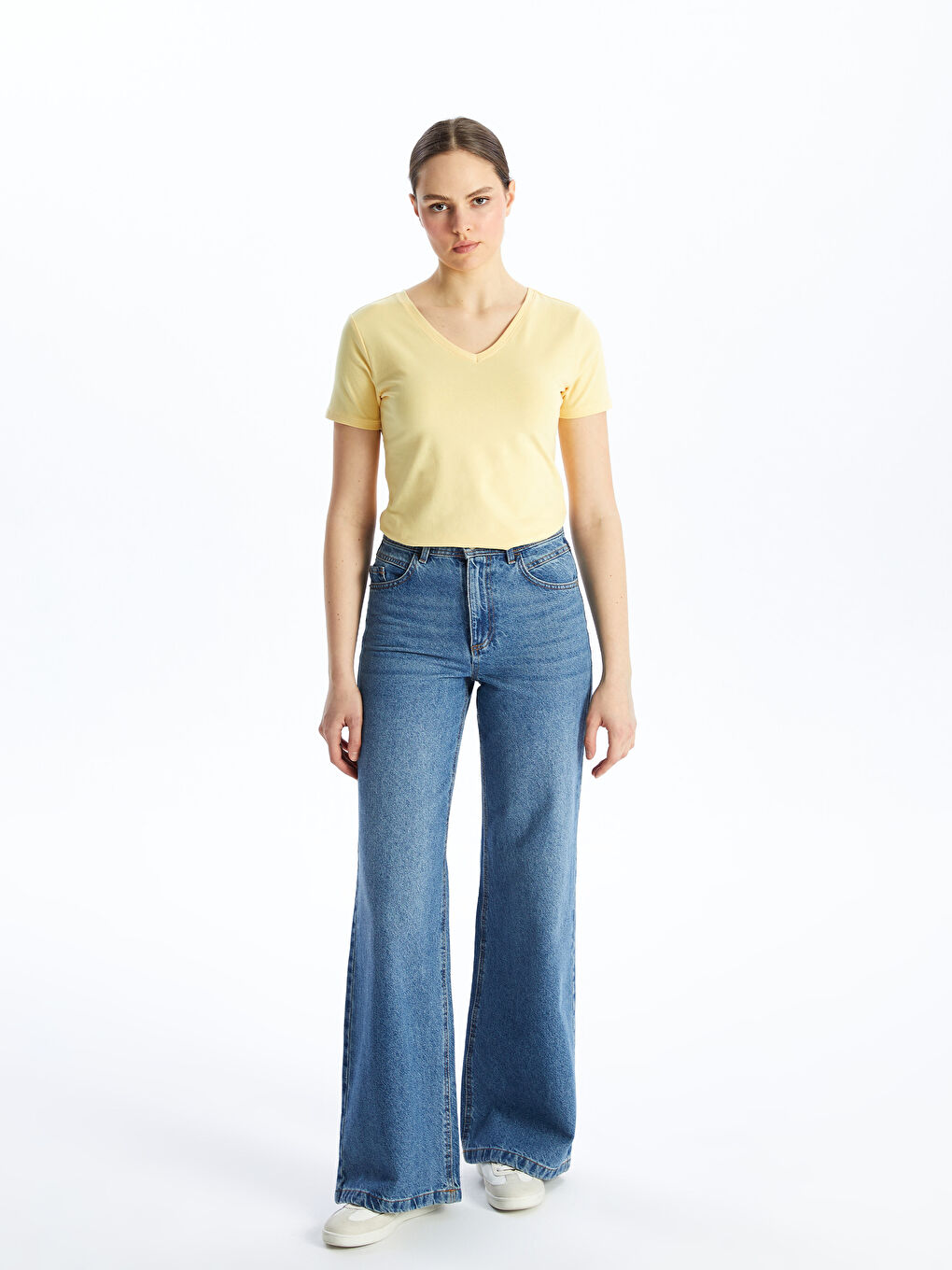 V Neck Straight Short Sleeve Women T-Shirt -S48208Z8-FQM