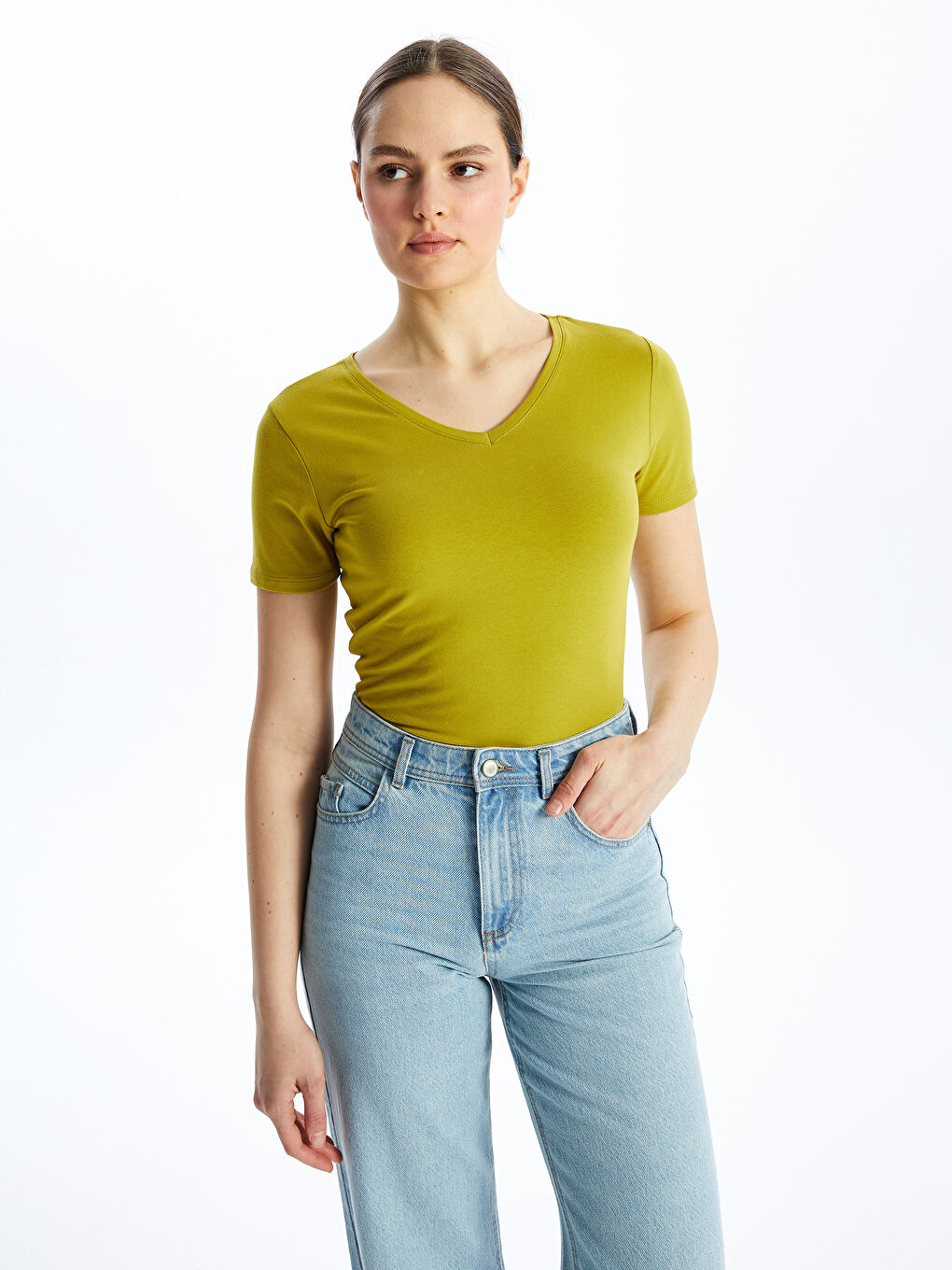 V Neck Straight Short Sleeve Women T-Shirt -S48208Z8-QYP