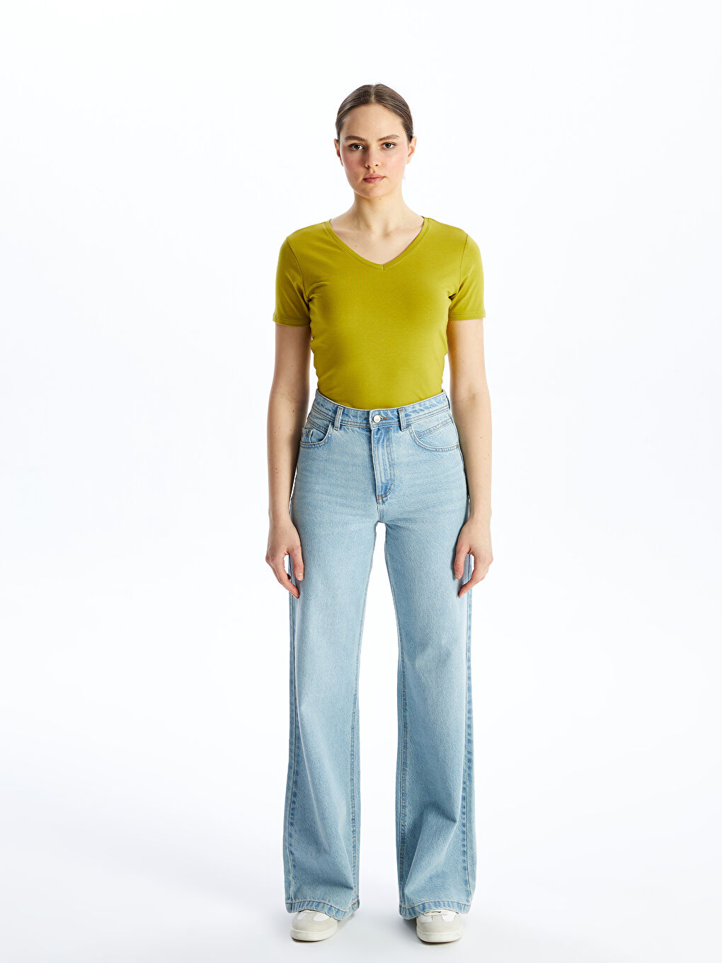 V Neck Straight Short Sleeve Women T-Shirt -S48208Z8-QYP
