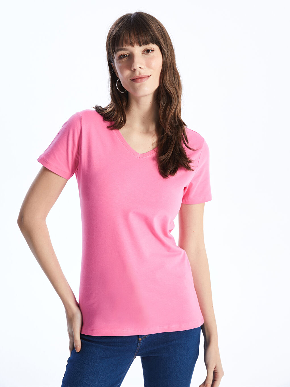 V Neck Straight Short Sleeve Women T-Shirt -S48208Z8-R0J