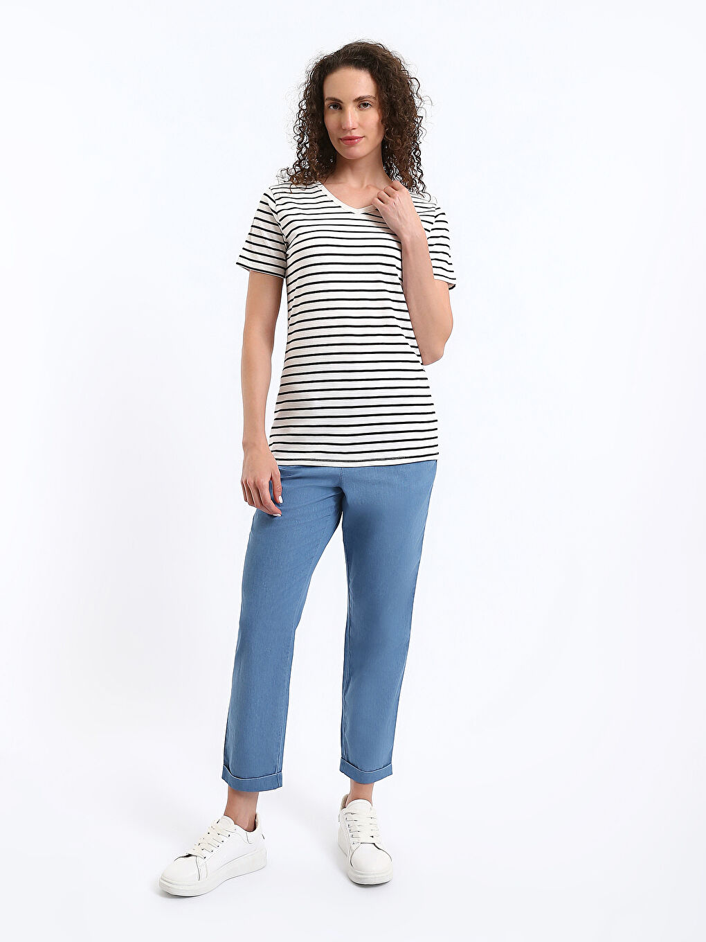 V-Neck Striped Short Sleeve Women's T-Shirt-2