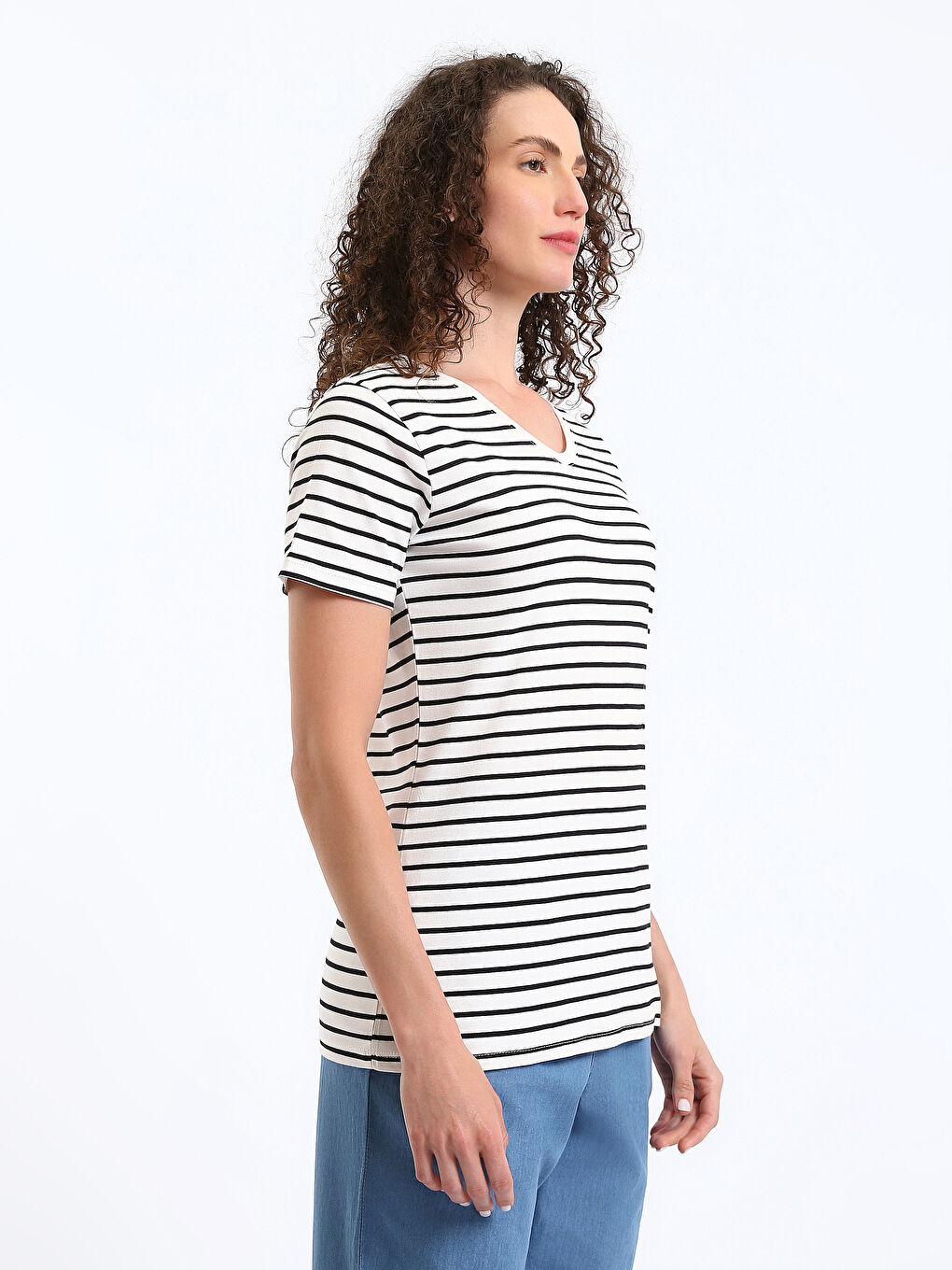 V-Neck Striped Short Sleeve Women's T-Shirt-6
