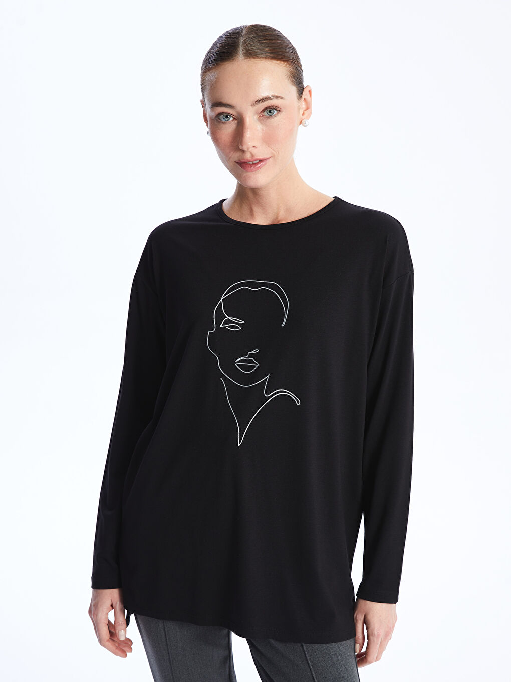 Crew Neck Printed Long Sleeve Women's T-shirt -S48219Z8-CVL