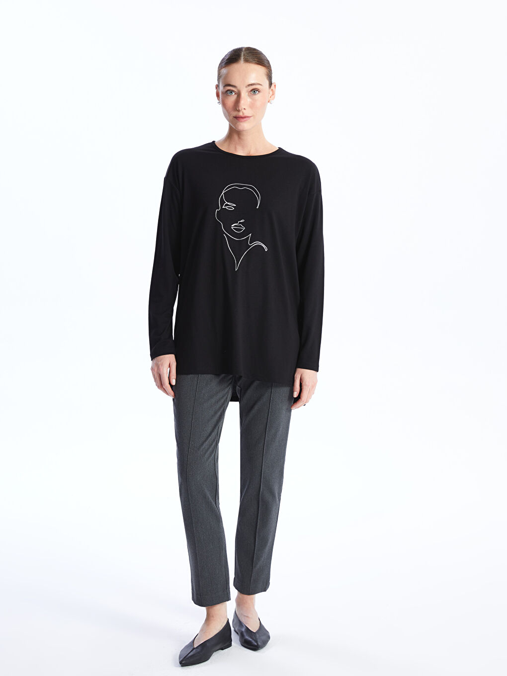 Crew Neck Printed Long Sleeve Women's T-shirt -S48219Z8-CVL
