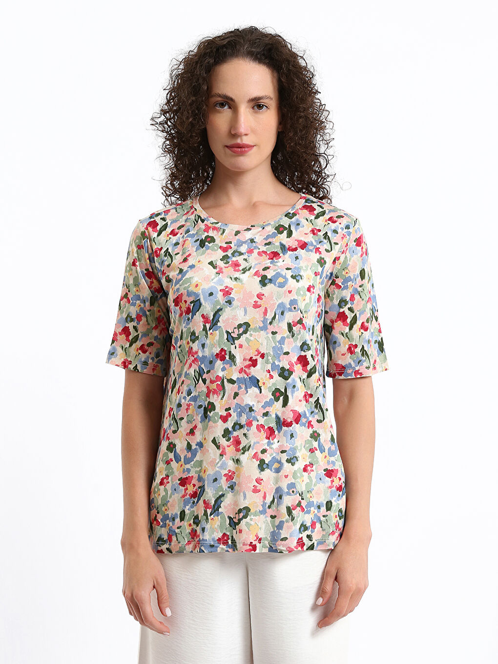 Blouse à Manches Courtes à Motifs avec Col Rond pour Femmes-1