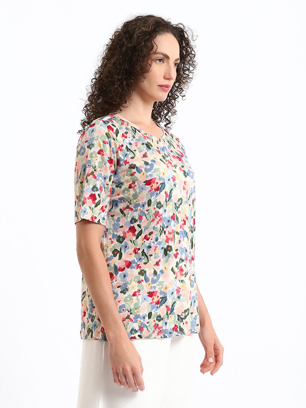 Blouse à Manches Courtes à Motifs avec Col Rond pour Femmes-5