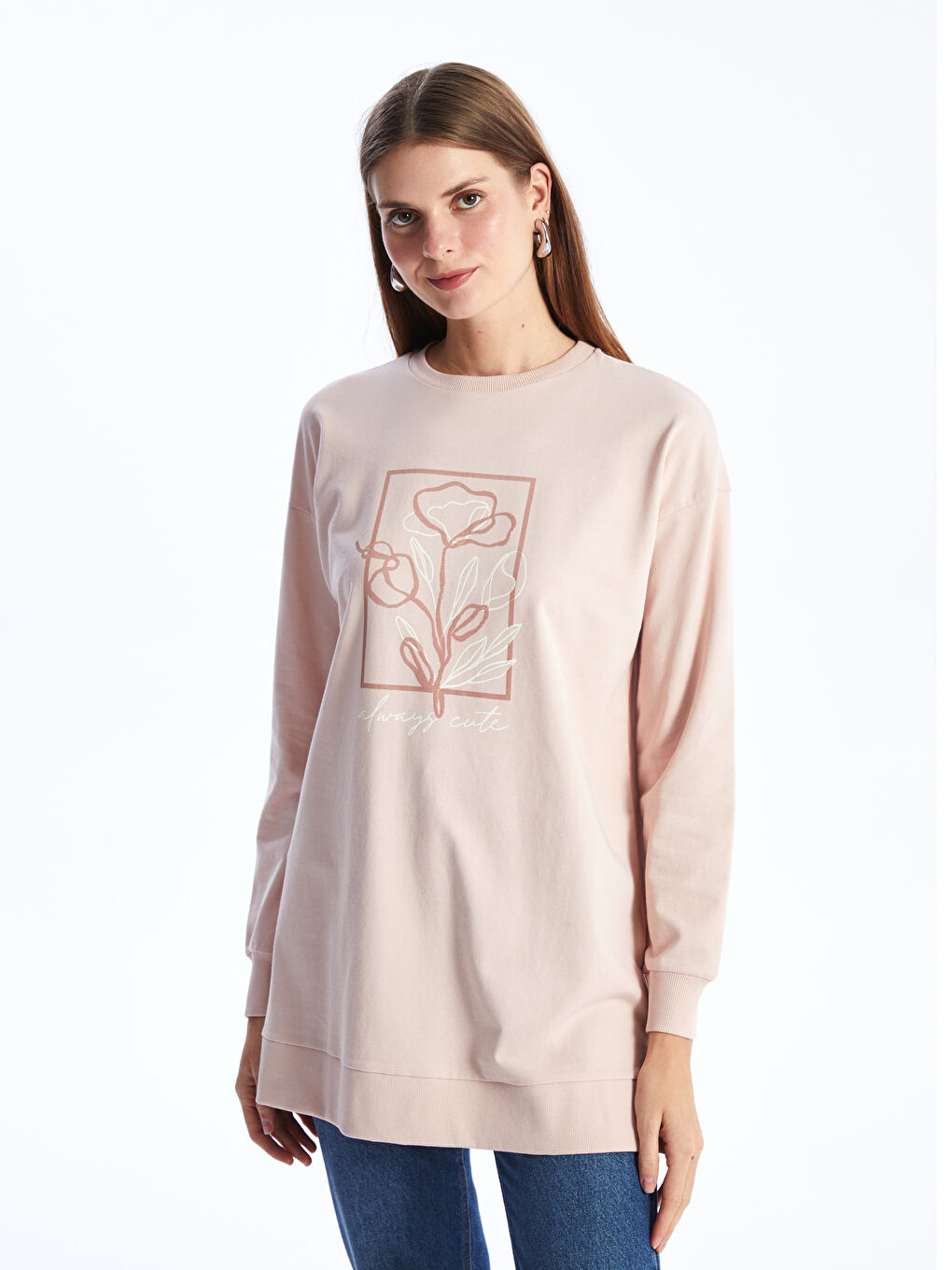 Crew Neck Printed Long Sleeve Oversize Women's Tunic -S48235Z8-GET