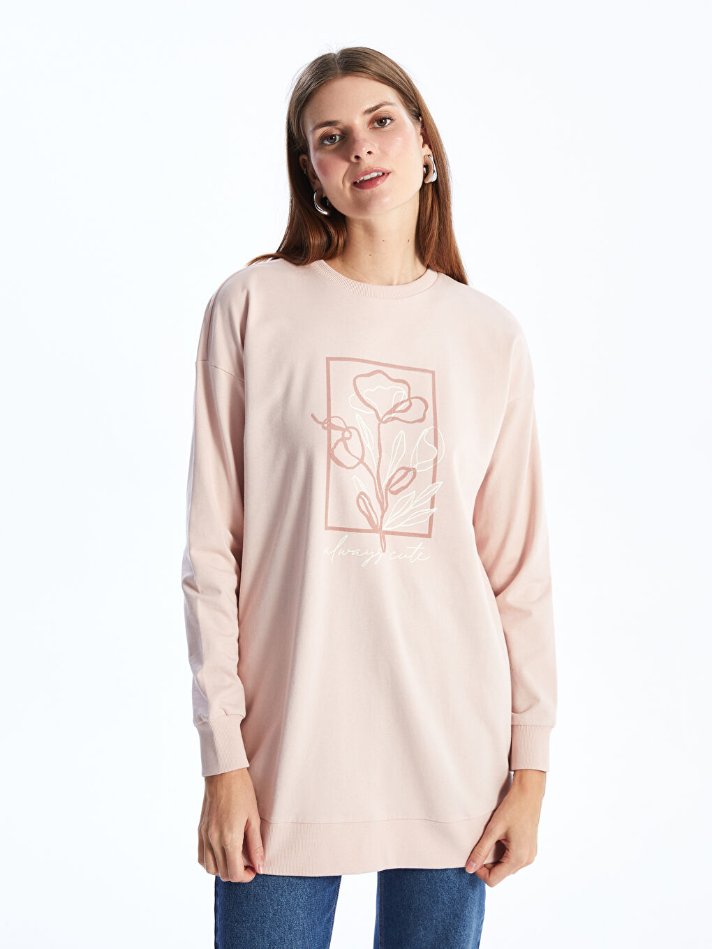 Crew Neck Printed Long Sleeve Oversize Women's Tunic -S48235Z8-GET