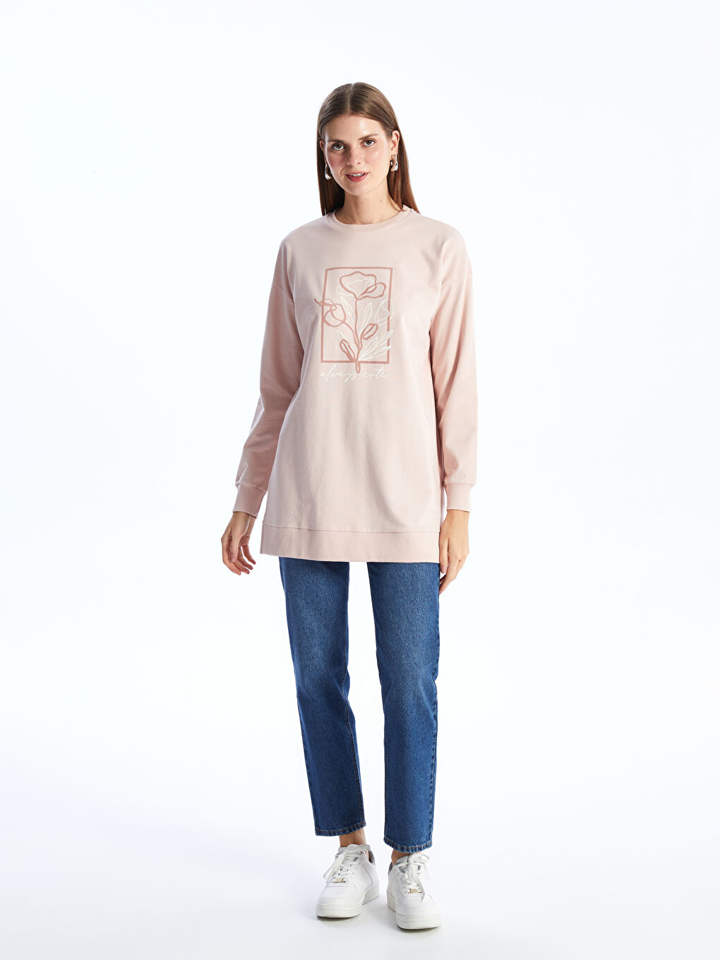 Crew Neck Printed Long Sleeve Oversize Women's Tunic -S48235Z8-GET