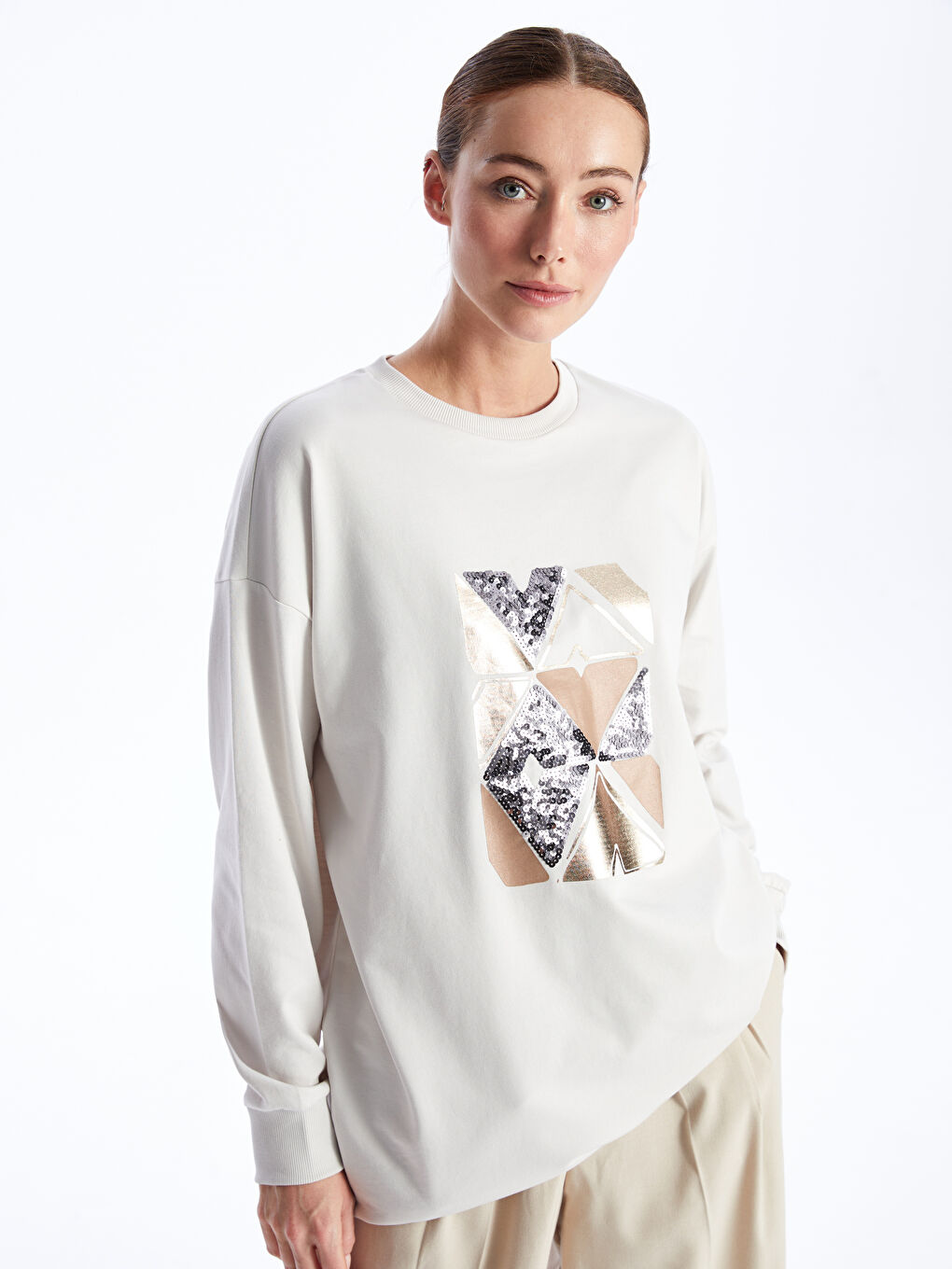 Crew Neck Printed Long Sleeve Oversize Women's Tunic -S48237Z8-FX7