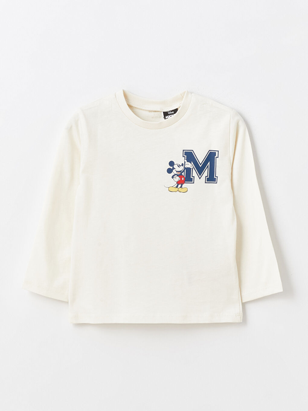 Bej Bisiklet Yaka Uzun Kollu Mickey Mouse Baskılı Erkek Bebek Tişört
