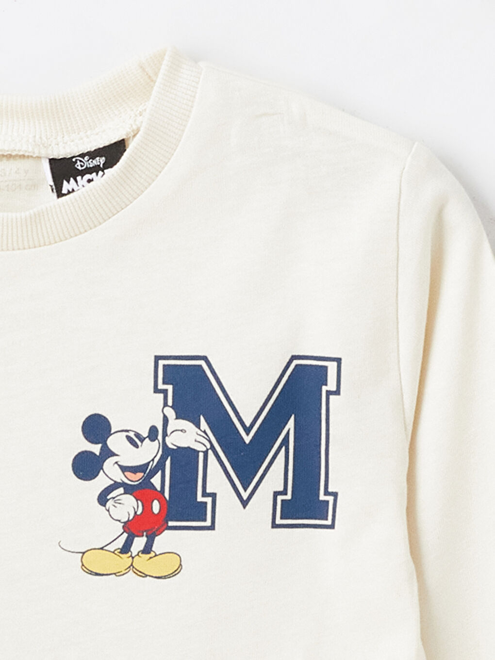 Bej Bisiklet Yaka Uzun Kollu Mickey Mouse Baskılı Erkek Bebek Tişört-1